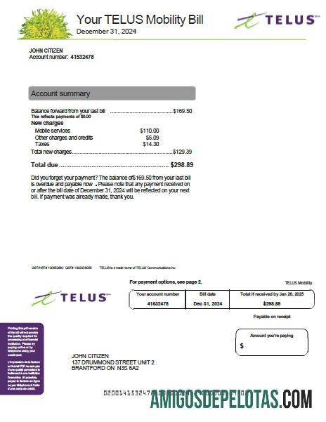 Em branco modelo de conta de serviços públicos Telus do Canadá em formatos Word e PDF, versão 2